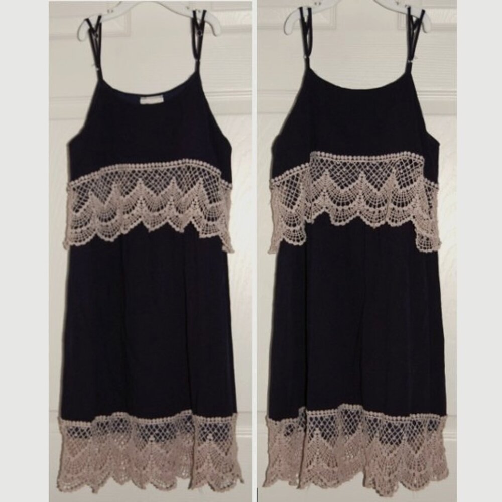 Kiddo Girls Rayon Dress, Size L (30" Bust), Navy with Cream Crochet Details